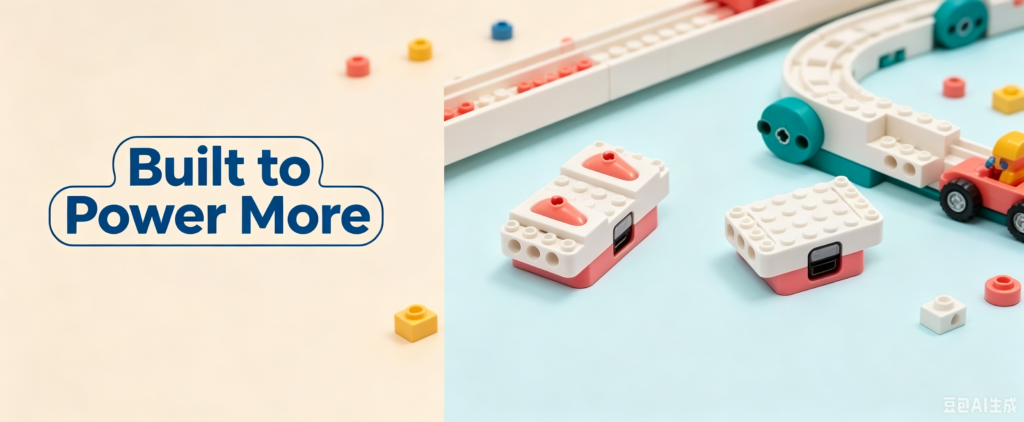 A&S Power compact lithium battery component next to plastic Lego building toy blocks