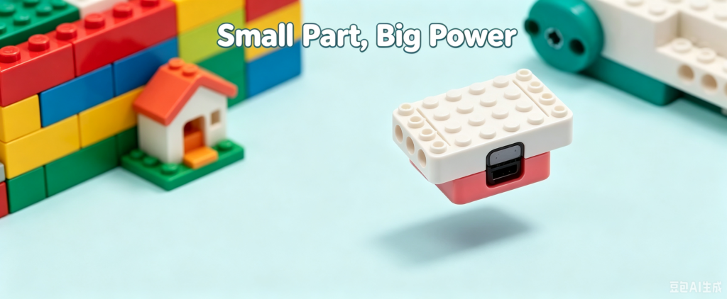 A&S Power tiny energy supply battery parts beside colorful Lego construction toys
