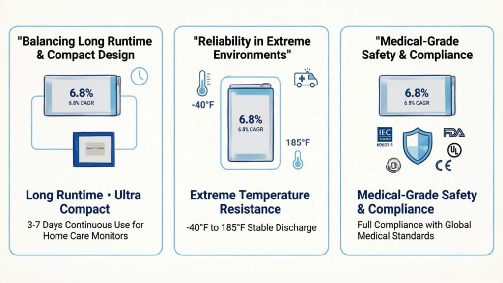 Lightweight lithium ion battery for medical devices, suitable for portable and wearable healthcare equipment
