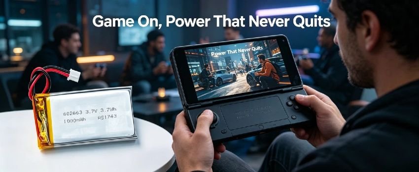 Compact AS602663 polymer battery powering portable audio devices and speakers