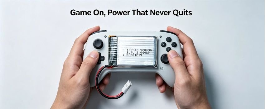 Compact AS102540 polymer battery powering portable audio devices and speakers
