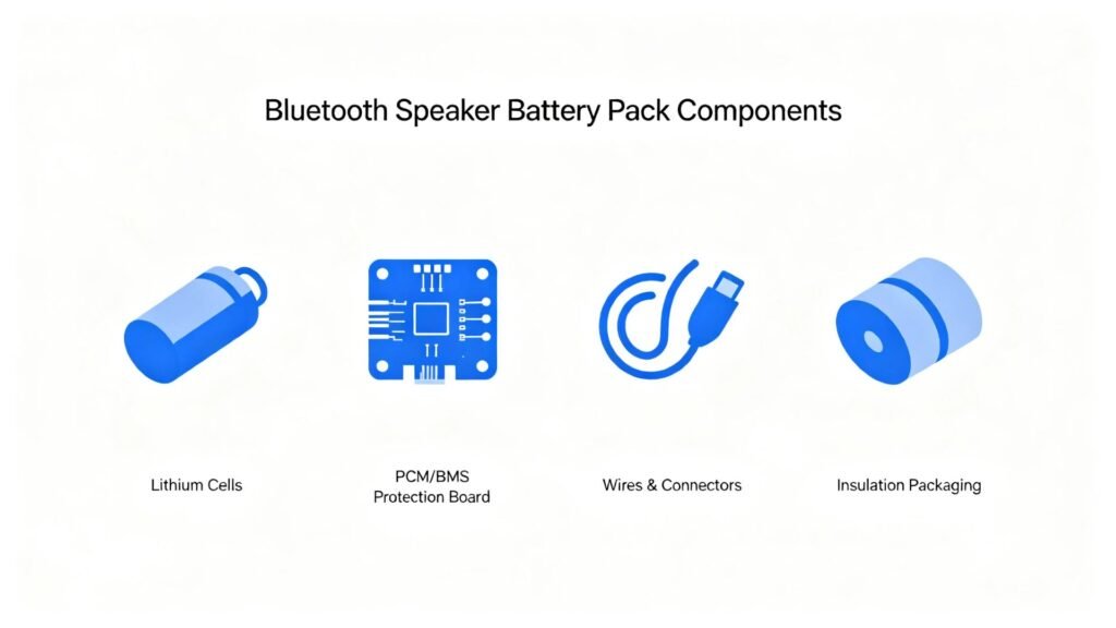Battery pack for Bluetooth speaker components infographic cells PCM BMS connectors insulation A&S Power