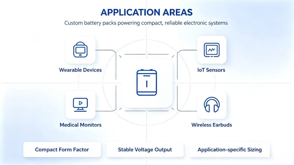Custom lithium polymer battery pack applications infographic wearables medical IoT TWS A&S Power