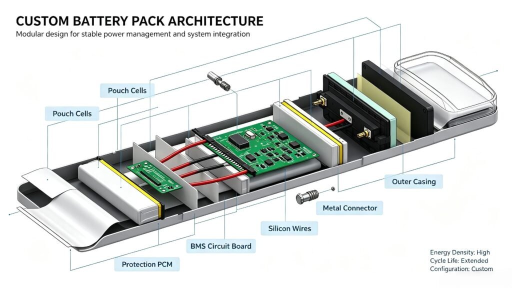 Exploded view of custom lithium polymer battery pack components cells PCM BMS casing A&S Power