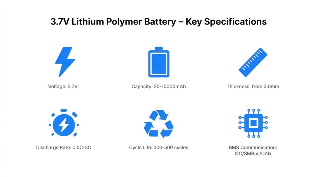 3.7V lithium polymer battery technical specifications infographic voltage capacity thickness discharge rate cycle life BMS A&S Power