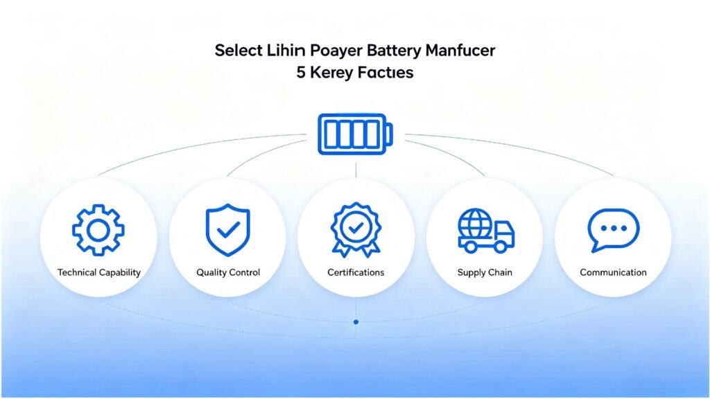 5 key factors to choose a lithium polymer battery manufacturer technical capability quality control certifications supply chain communication A&S Power infographic