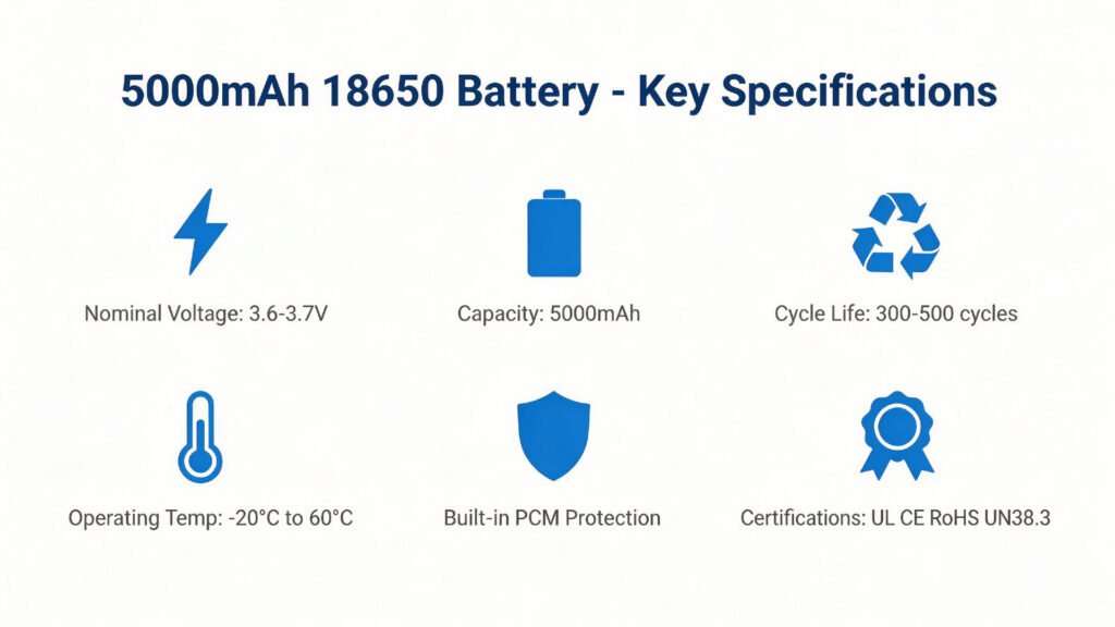 5000mAh 18650 battery specifications infographic voltage capacity cycle life temperature protection certifications A&S Power