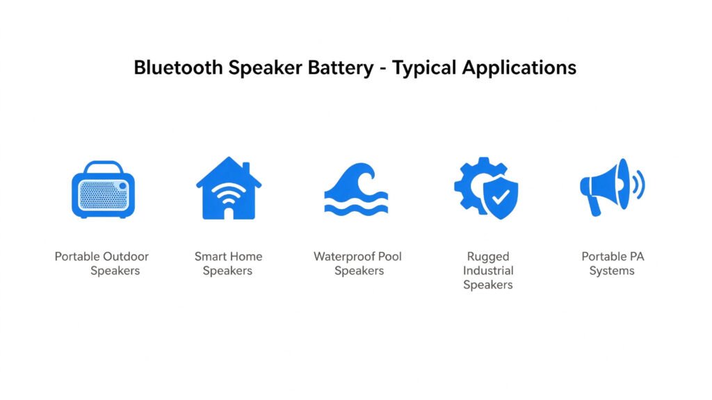 Bluetooth speaker battery applications infographic portable outdoor smart home waterproof rugged PA system A&S Power