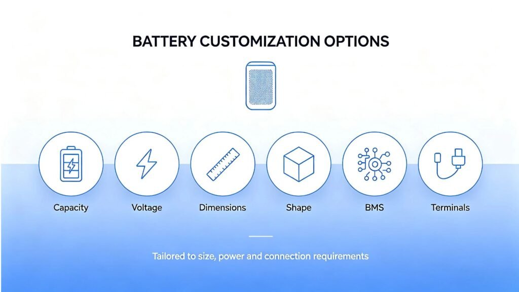 Bluetooth speaker battery customization options capacity voltage dimensions shape BMS terminals A&S Power infographic