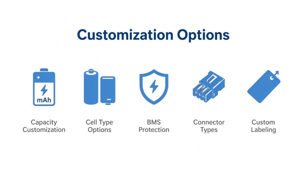 Bluetooth speaker battery pack customization options capacity cell type BMS connectors labeling A&S Power infographic