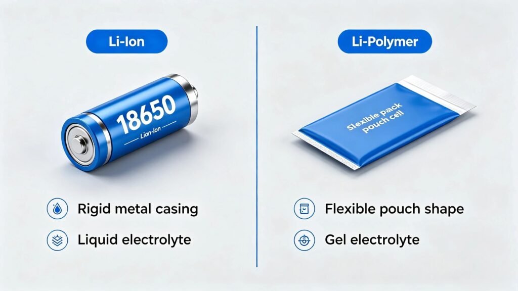 Li-Ion vs Li-Polymer battery comparison infographic cylindrical 18650 vs soft pouch cell A&S Power