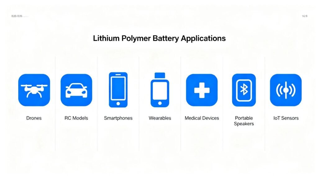 Lipo battery applications infographic drone RC car smartphone wearable medical IoT A&S Power