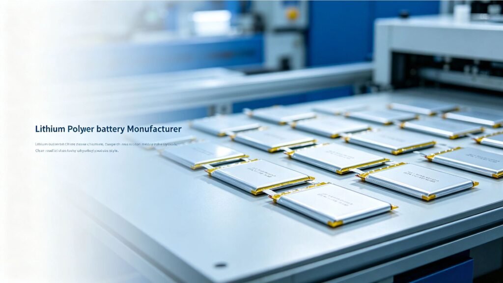 A&S Power custom lithium polymer battery manufacturer banner with pouch cells and factory background