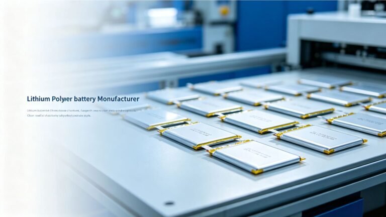 A&S Power custom lithium polymer battery manufacturer banner with pouch cells and factory background