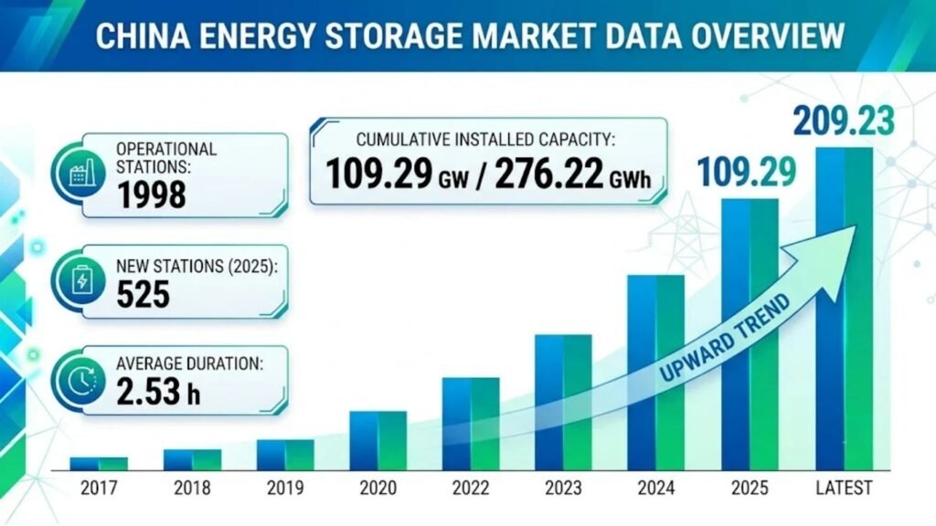 China energy storage market data 109GW 276GWh cumulative installed capacity 2025 infographic