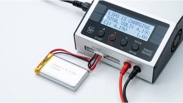 Lipo battery charger guide with balance charger and battery on workbench A&S Power