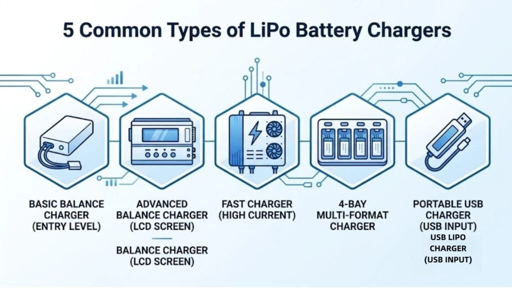 Lipo battery charger types infographic basic balance advanced fast multi-format USB A&S Power