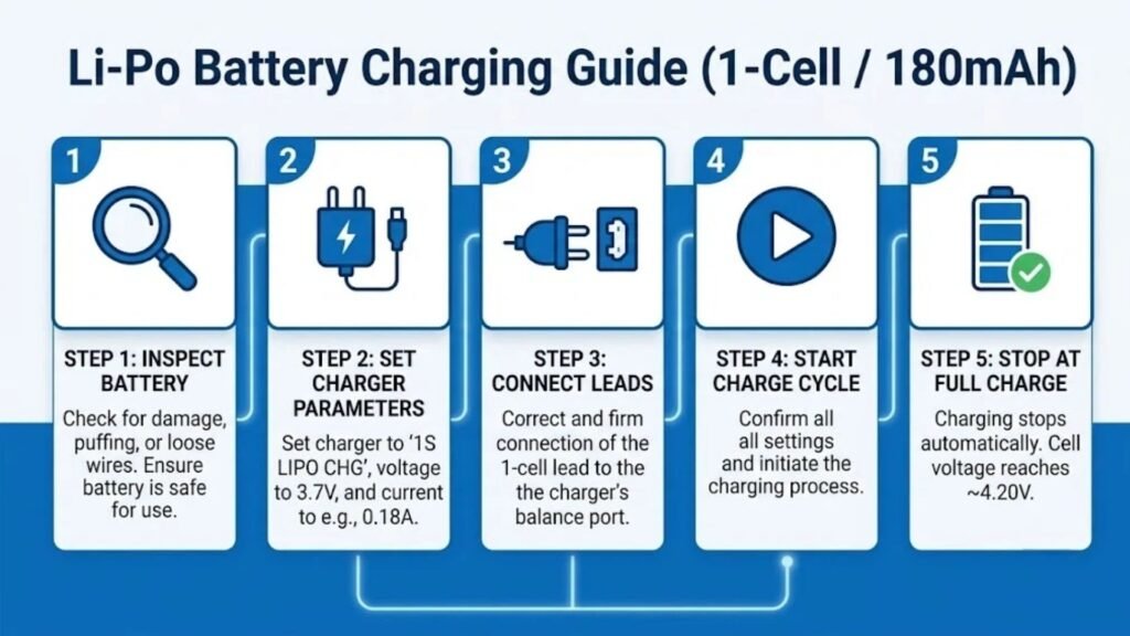 5-step LiPo battery charging guide infographic showing inspect set voltage connect balance lead charge and disconnect