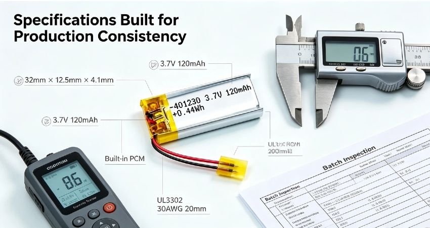 AS401230 li-po battery spec overview, 3.7V 120mAh battery li po with built-in PCM and tight tolerance