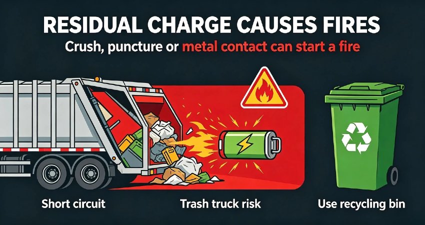 Safety warning explaining why lithium ion batteries cannot be thrown in regular household trash