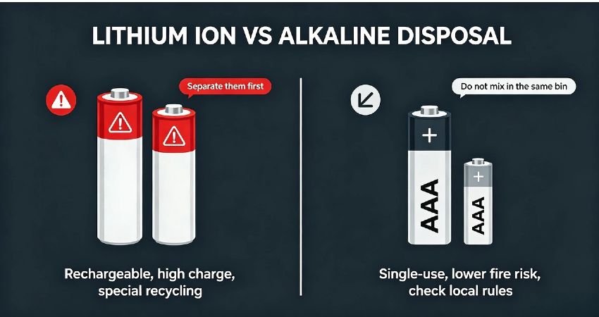 Side-by-side comparison of lithium ion battery vs alkaline battery disposal rules and safety requirements