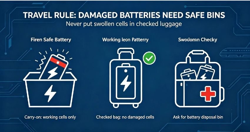 Airport travel guidelines for lithium ion battery and flying, safe carry-on and disposal rules for li-ion cells