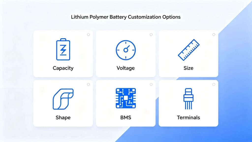 Lithium polymer battery customization options infographic capacity voltage size shape BMS terminals