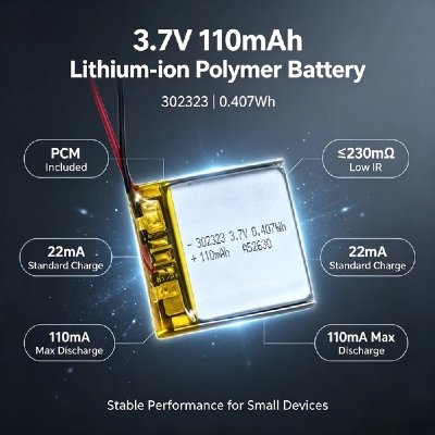 3.7V polymer battery AS302323 – side view showing 3.5mm slim profile for compact devices