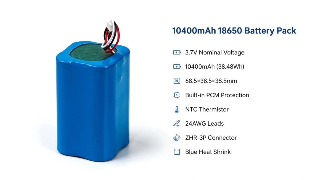 10400mAh 18650 battery pack specifications infographic voltage capacity dimensions PCM A&S Power