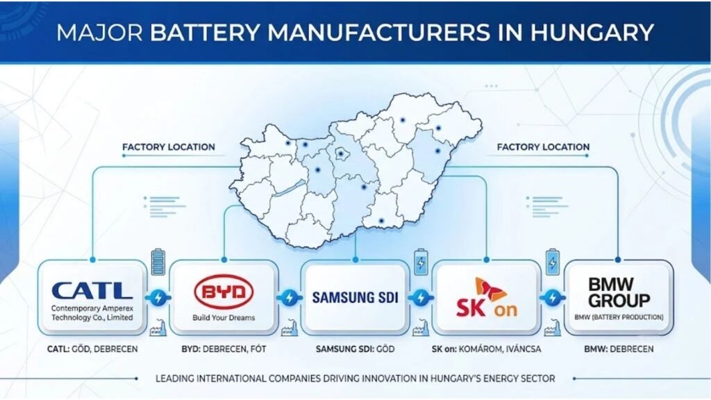 Major battery manufacturers in Hungary CATL BYD Samsung SDI SK On BMW map infographic A&S Power