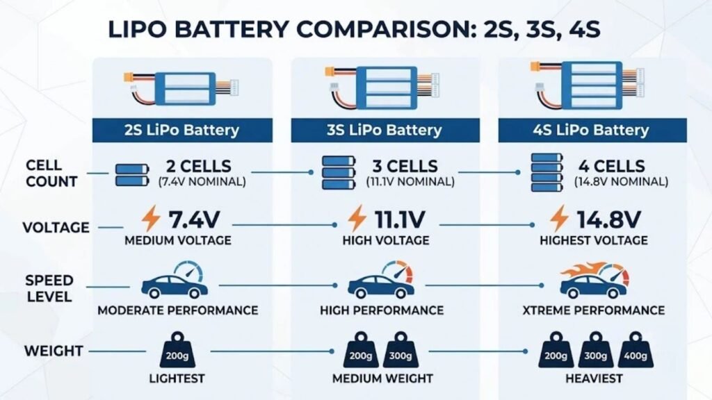 2S 3S 4S lipo battery comparison infographic voltage cells speed weight A&S Power