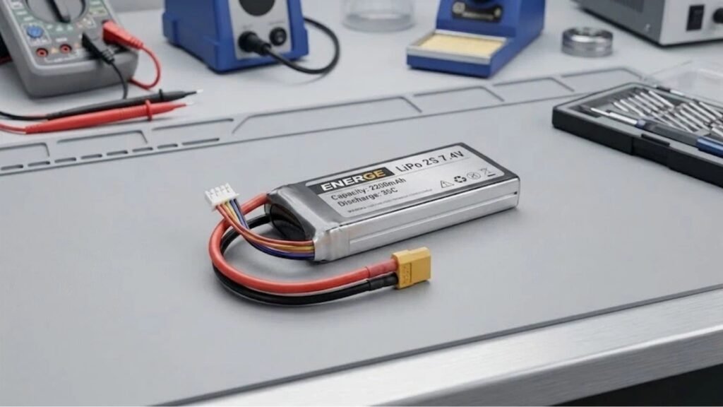 2S lipo battery guide 7.4V on white workbench A&S Power