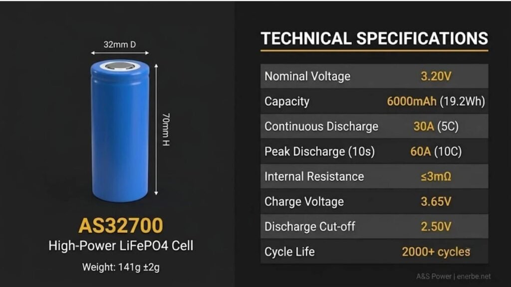 AS32700 32700 LiFePO4 battery specifications table showing 3.2V 6000mAh 30A discharge 5C 60A peak 10C and 3mΩ internal resistance