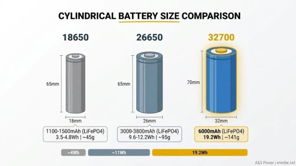 32700 vs 26650 vs 18650 cylindrical battery size and capacity comparison showing 32700 6000mAh 19.2Wh as largest cell