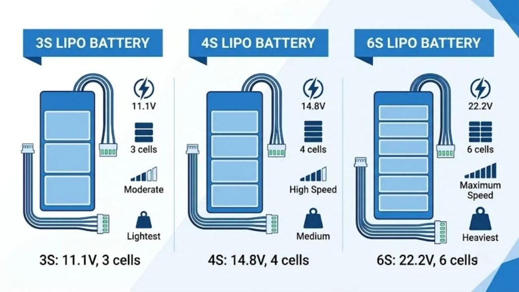 3S 4S 6S lipo battery comparison infographic voltage cells speed weight A&S Power