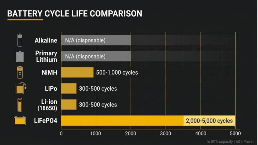 Battery cycle life comparison chart showing LiPo 300-500 cycles Li-ion 300-500 cycles and LiFePO4 2000-5000 cycles to 80 percent capacity