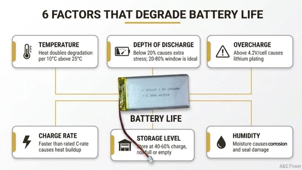 Six factors that degrade battery life infographic: temperature depth of discharge overcharge charge rate storage level and humidity