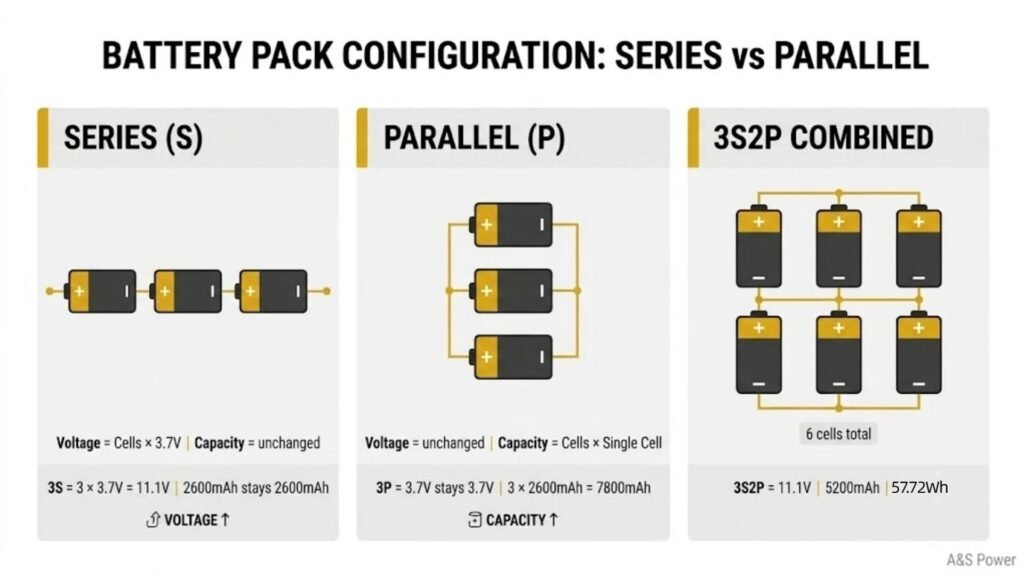 Battery series vs parallel connection diagram showing 3S 11.1V, 3P 7800mAh, and combined 3S2P 11.1V 5200mAh configurations