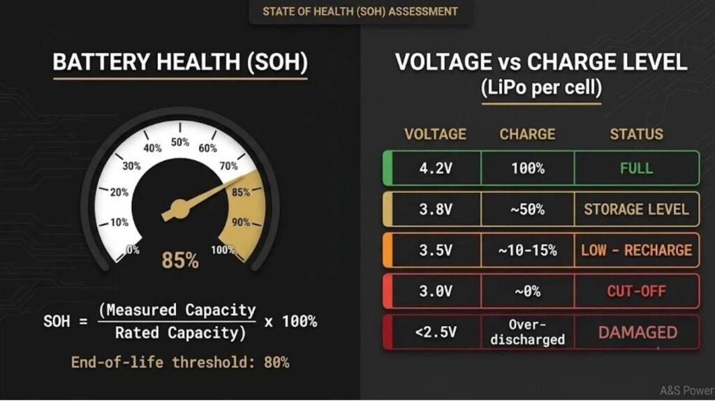 Battery state of health SOH test infographic showing voltage vs charge level for LiPo batteries from 4.2V full to 3.0V cut-off