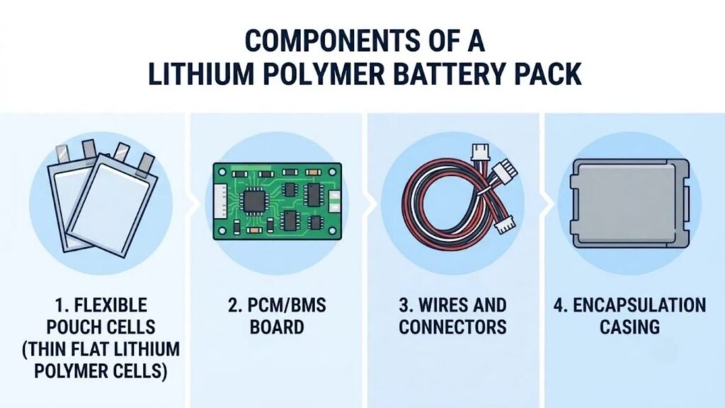 Lithium polymer battery pack components infographic pouch cells BMS connectors encapsulation A&S Power