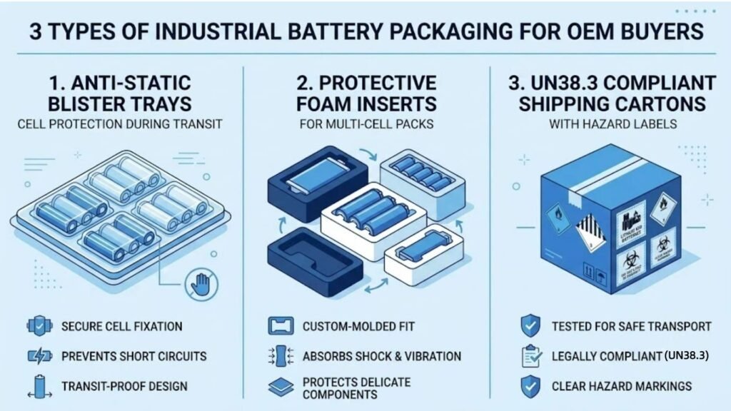 Industrial battery packaging types infographic anti-static trays foam inserts UN38.3 shipping cartons A&S Power