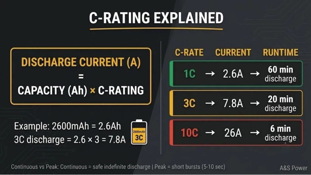 Battery C-rating explained infographic showing discharge current calculation formula with 2600mAh 3C example equals 7.8A
