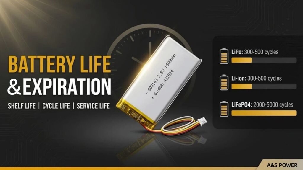 Lithium battery lifespan and expiration guide covering shelf life cycle life and service life for LiPo Li-ion and LiFePO4 by A&S Power