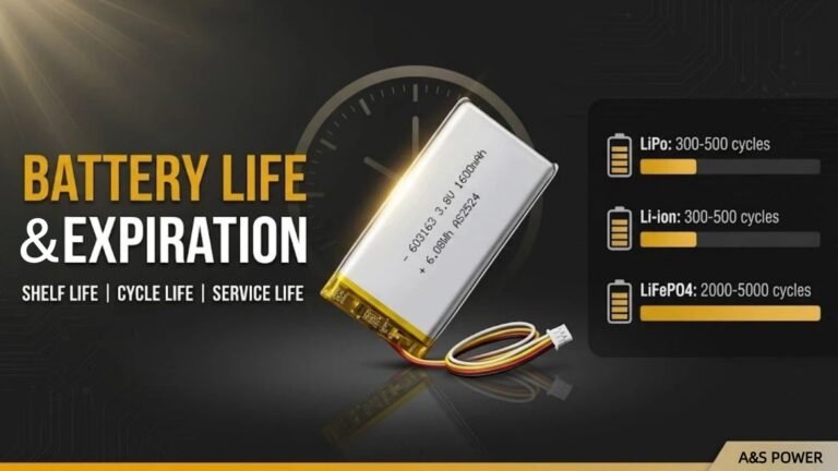 Lithium battery lifespan and expiration guide covering shelf life cycle life and service life for LiPo Li-ion and LiFePO4 by A&S Power