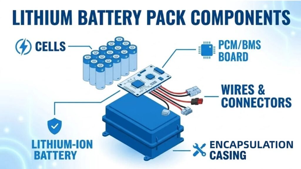 Lithium battery pack components infographic cells BMS connectors encapsulation A&S Power