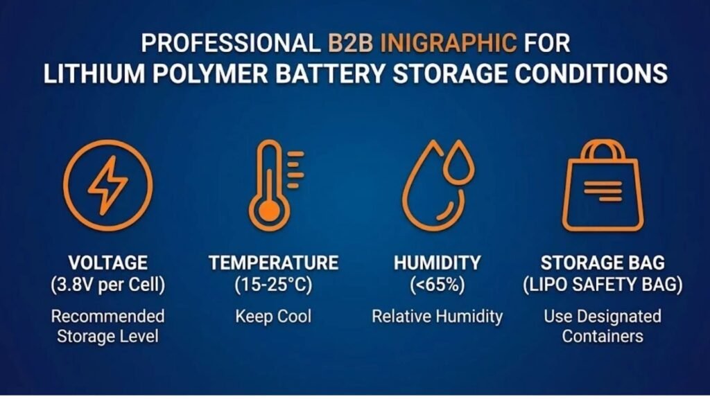 Lithium polymer battery storage conditions infographic voltage temperature humidity A&S Power