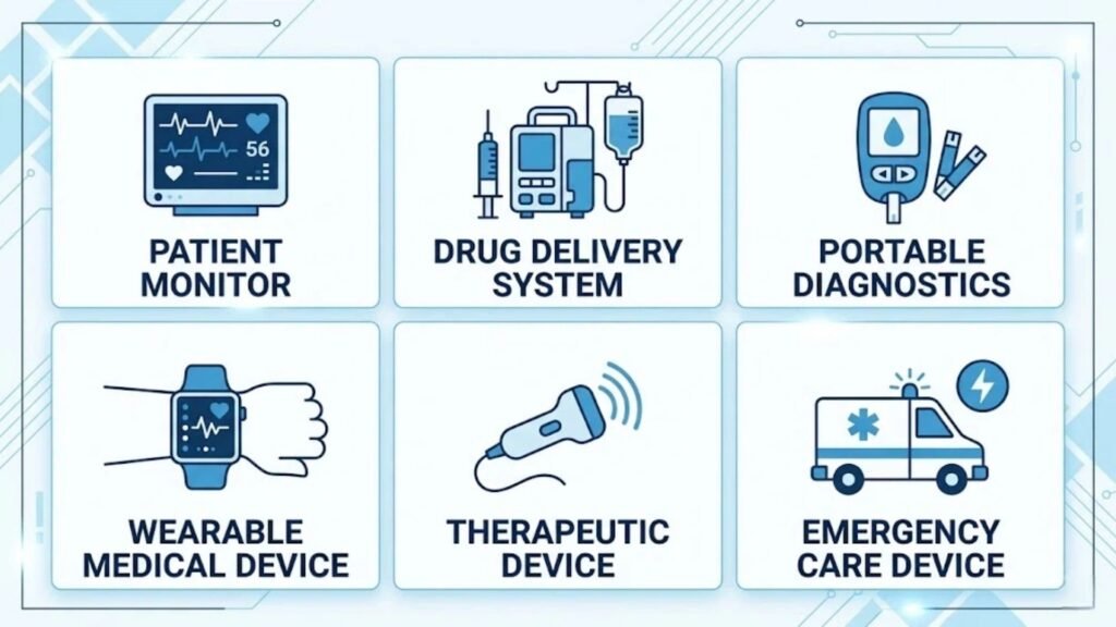 Medical device battery applications infographic patient monitor drug delivery diagnostics wearable therapeutic emergency A&S Power