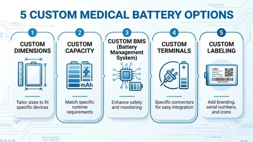 Medical device battery customization options infographic dimensions capacity BMS terminals labeling A&S Power