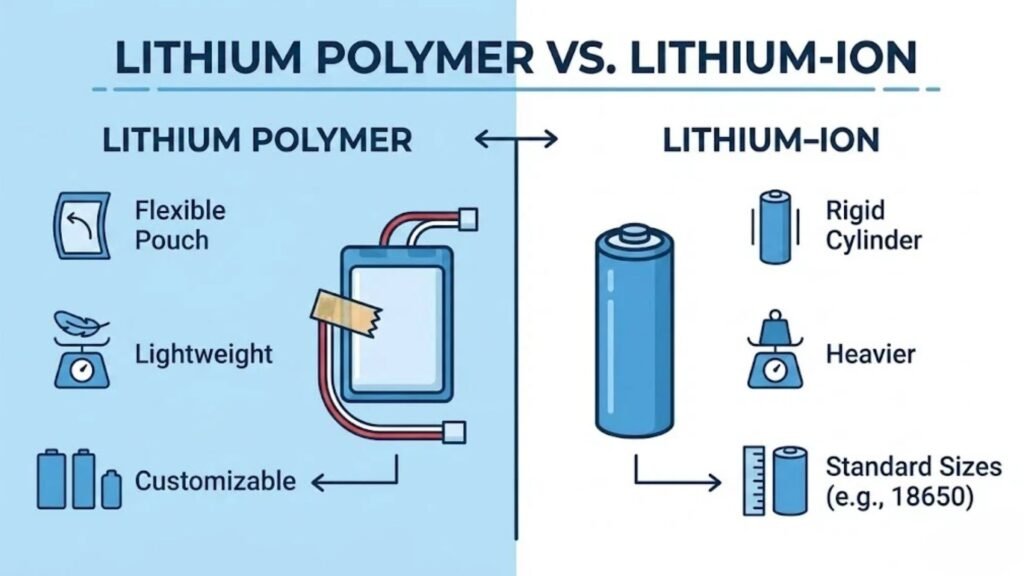 Rechargeable lithium polymer vs lithium ion battery comparison infographic A&S Power