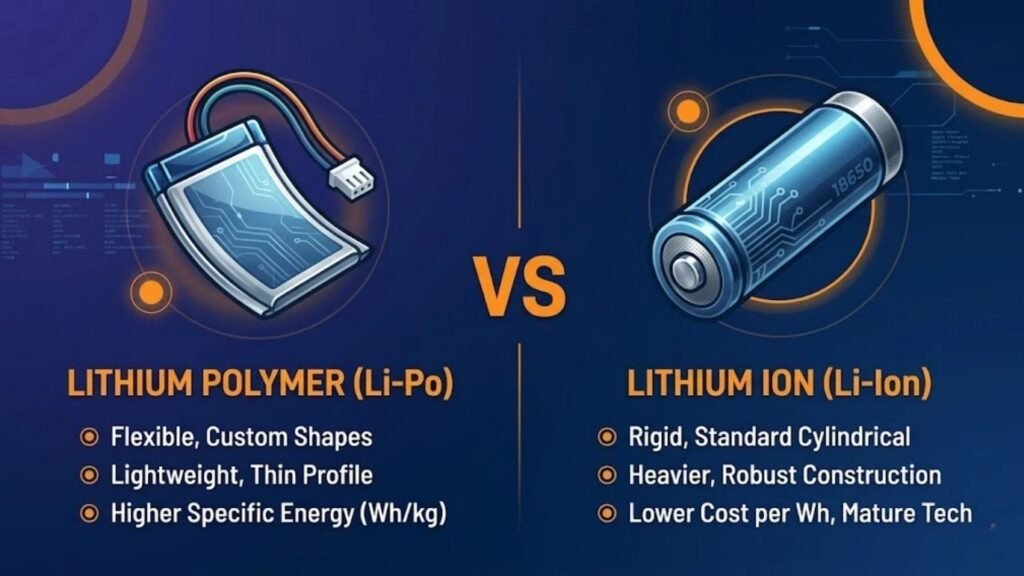 Lithium polymer vs lithium ion battery comparison infographic B2B style A&S Power